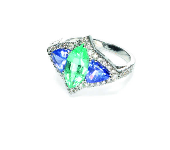 White gold ring, brilliant cut diamonds, Mozambican paraiba tourmaline and tanzanites.
