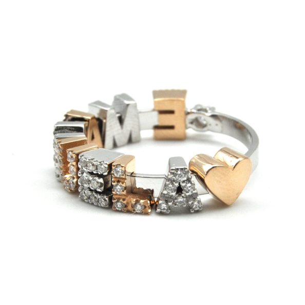 anello con nome personalizzabile oro bianco e rosa e diamanti