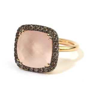 Anello oro rosa, quarzo rosa e diamanti brown
