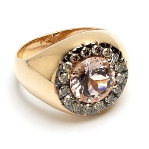 anello in oro rosa , morganite rosa, diamanti brown