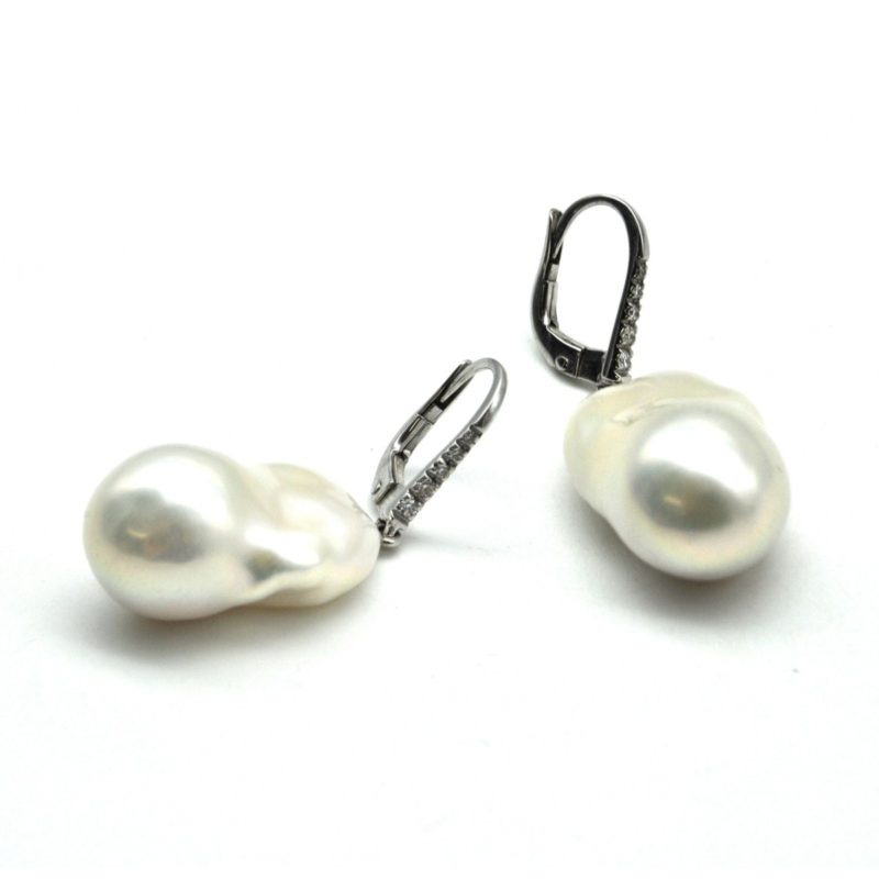Orecchini Pendenti 585 Oro Bianco 14 Carato Perla Brillante 0,06 CT