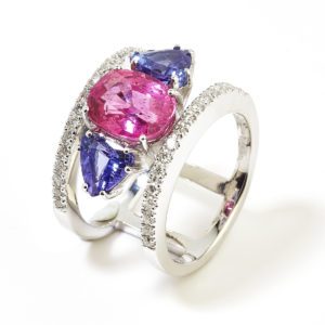 Rubellite, tanzanite and diamond ring