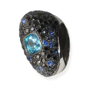 Natural zirconia ring and black diamond and sapphire pavé