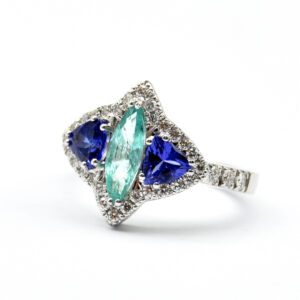 Paraiba tourmaline, tanzanite, and diamond ring