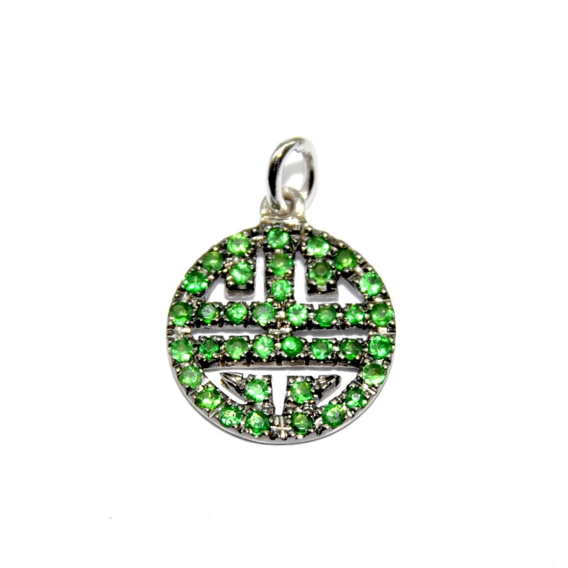 Chinese lucky symbol pendant in white gold and tsavorites Chinese lucky symbol pendant in white gold and tsavorites
